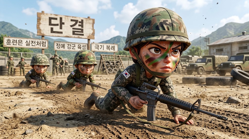 흙먼지가 날리는 넓은 연병장에서 헬멧을 쓰고 소총을 든 채 바닥을 기어가는 포복 자세의 훈련병 캐릭터들, 뒤편으로는 교관들이 지켜보고 있는 고해상도 3D 이미지
