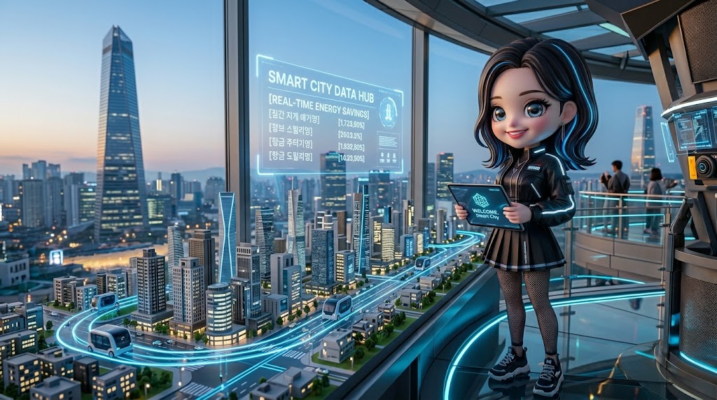  stylized person standing on a high observation platform, looking down at a dynamic miniature replica of a smart city with glowing transport routes and interactive data panels, illustrative style
