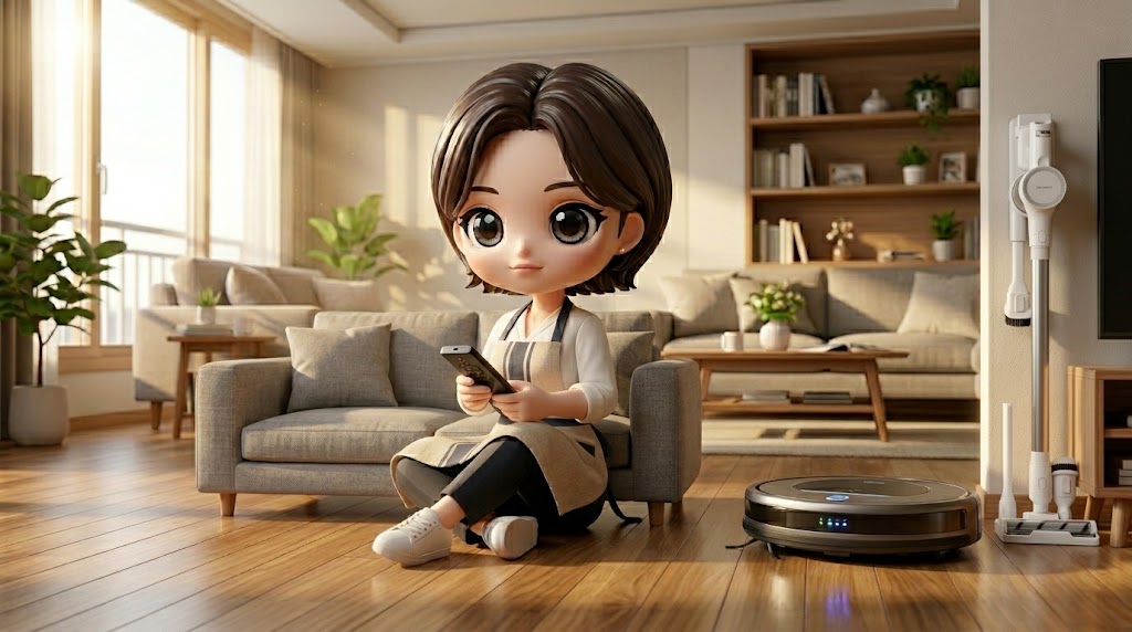깨끗한 바닥과 로봇청소기를 즐기는 캐릭터 이미지