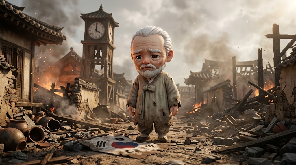 전쟁의 폐허 속에 멈춘 시계와 찢어진 깃발 곁에 서 있는 슬픈 표정의 노인. [English: A sad-faced old man standing beside a stopped clock and a torn flag in the ruins of war.]
