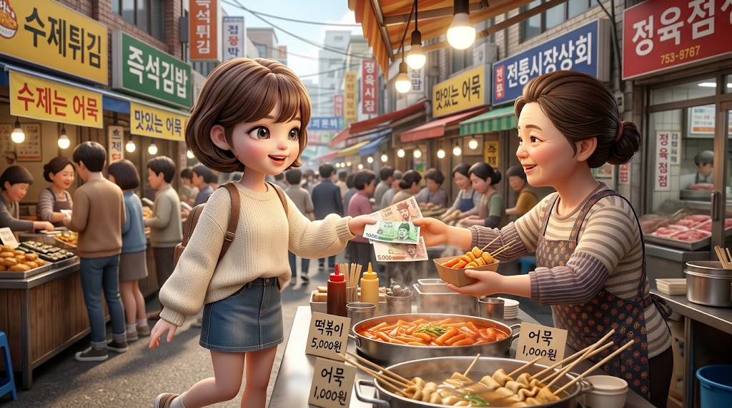 한국의 길거리 음식 가게에서 현금으로 결제하는 모습