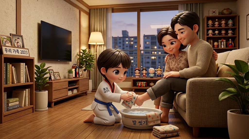 따뜻한 햇살이 들어오는 한국식 거실. 태권도복 상의를 입은 아이가 대야에 물을 받아 부모님의 발을 정성스럽게 닦아드리는 모습