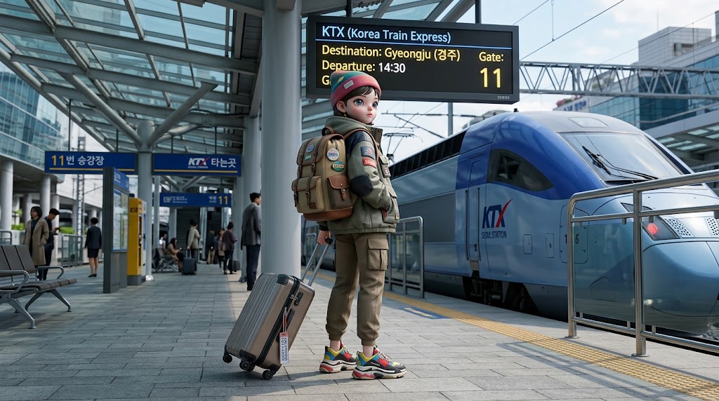 KTX 기차와 서울역 승강장 배경, 캐리어를 든 여행자