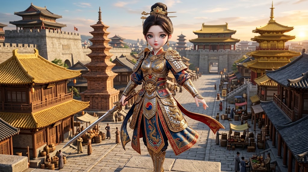 고구려의 화려한 깃털 장식 투구를 쓰고 있는 용맹한 모습의 캐릭터