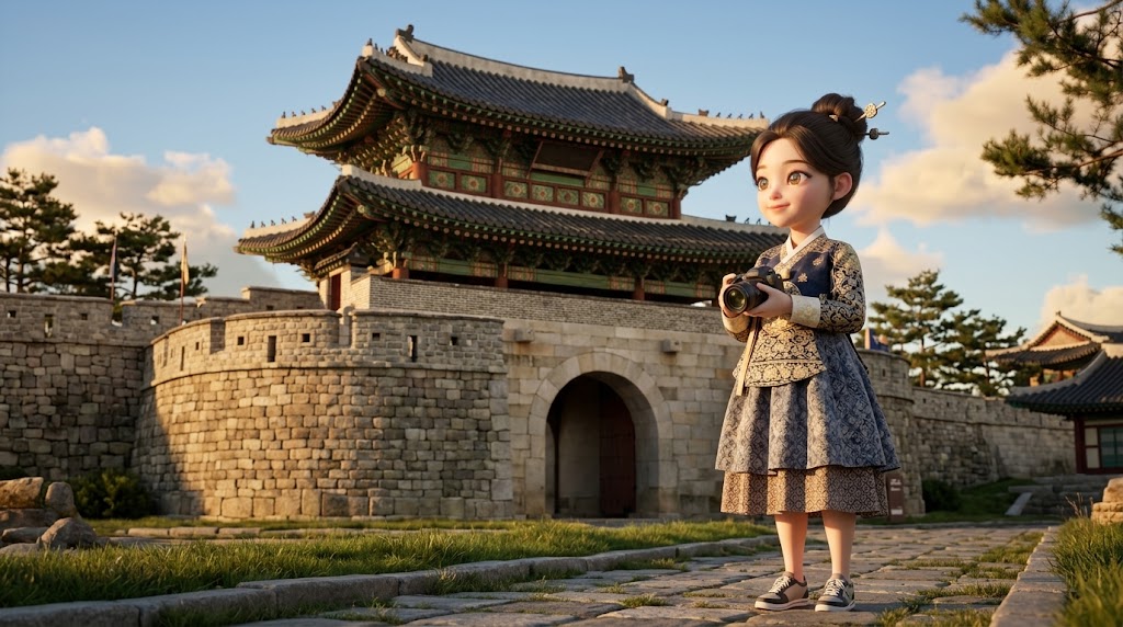 수원화성 성문 앞에서 여행자가 사진을 촬영하는 연출 이미지