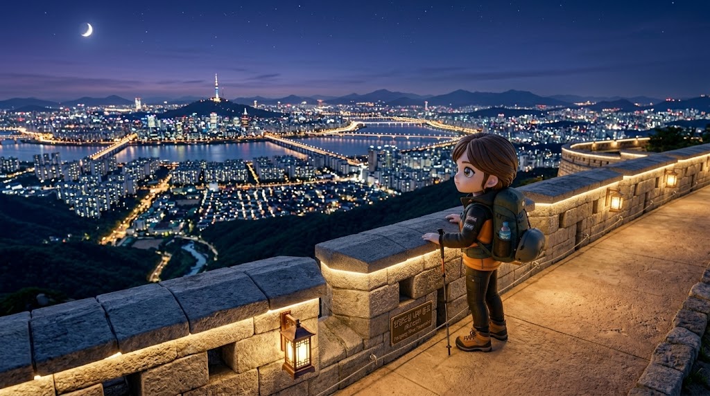 화려한 서울 야경을 배경으로 한양도성 성곽길을 걷는 캐릭터 (walking along the Seoul City Wall with a brilliant night view. KOR/ENG)