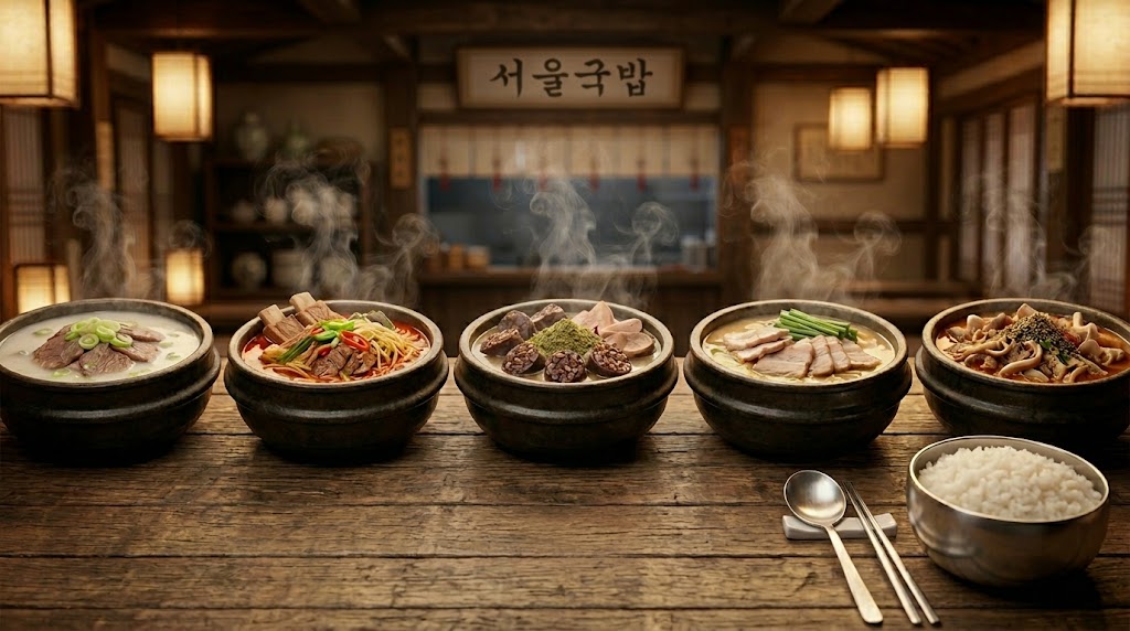 다섯 가지 국밥 종류를 한눈에 보여주는 테이블 세팅 / A trendy 3D collectible character standing behind a table with five distinct bowls of Korean Gukbap. 8K resolution.

