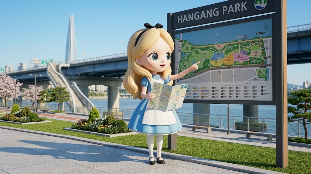 한강 공원 입구 대형 안내판 앞에서 지도를 들고 서 있는 캐릭터