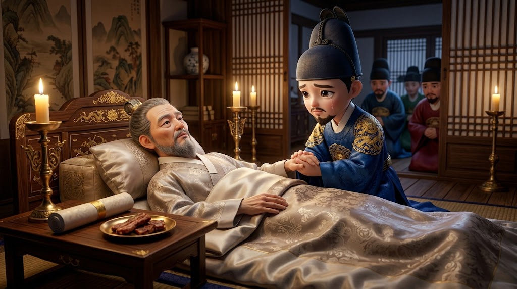 세종의 아버지 태종의 유언을 듣는 세종대왕