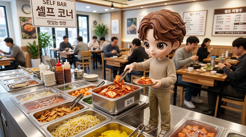 캐릭터가 집게를 이용해 작은 접시에 정성스럽게 반찬을 옮겨 담는 모습. 