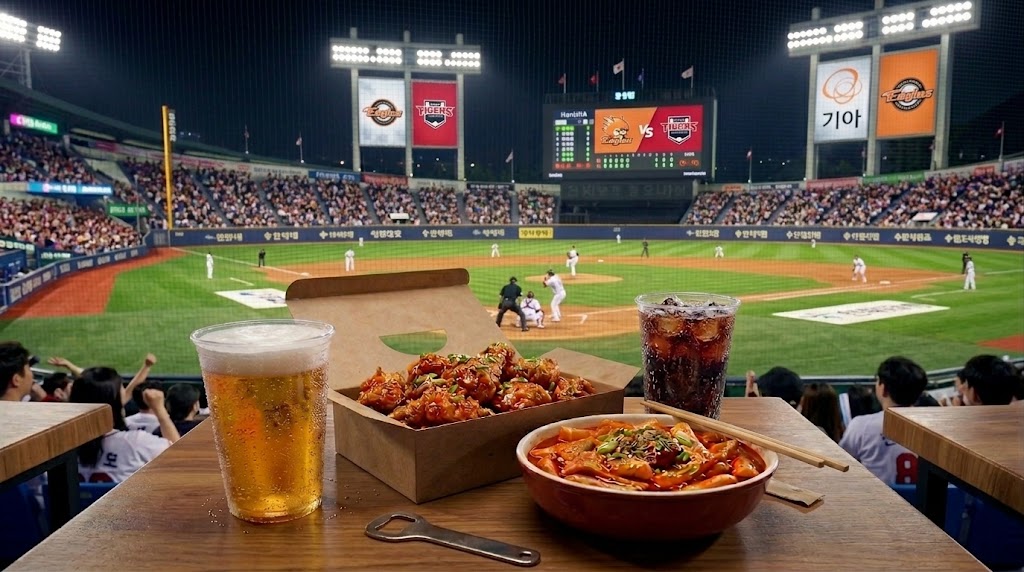 야구장 좌석 테이블에 차려진 치킨, 떡볶이 등 다양한 한국 음식과 시원한 맥주 (Various Korean snacks like fried chicken, tteokbokki, and cold beer spread on a baseball stadium seat table.)
