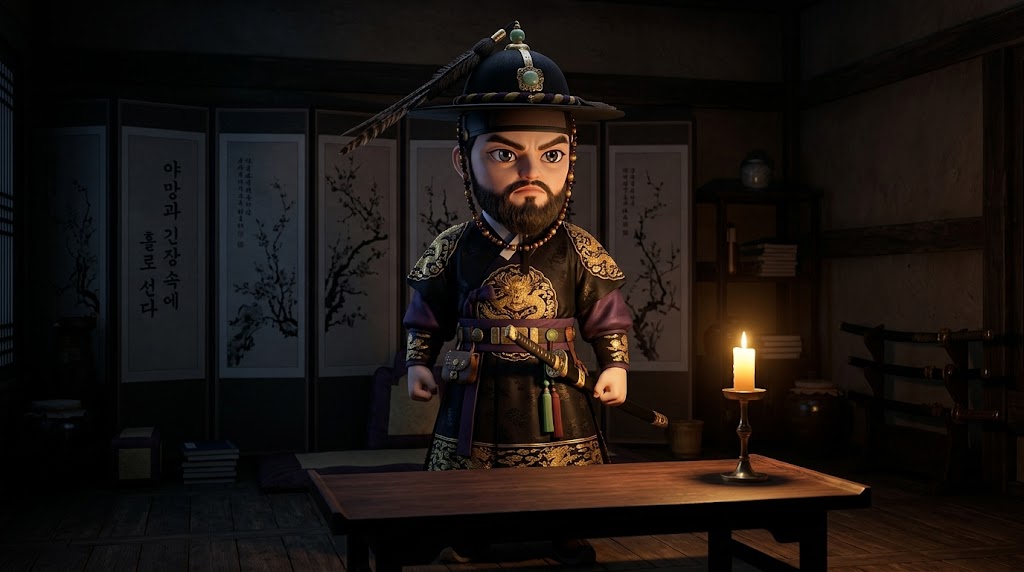 검은색 무복을 입고 강렬한 카리스마를 내뿜는 남성 캐릭터가 어두운 방에서 지도를 보고 있는 모습 (A charismatic male character in black military attire looking at a map in a dark room.)
