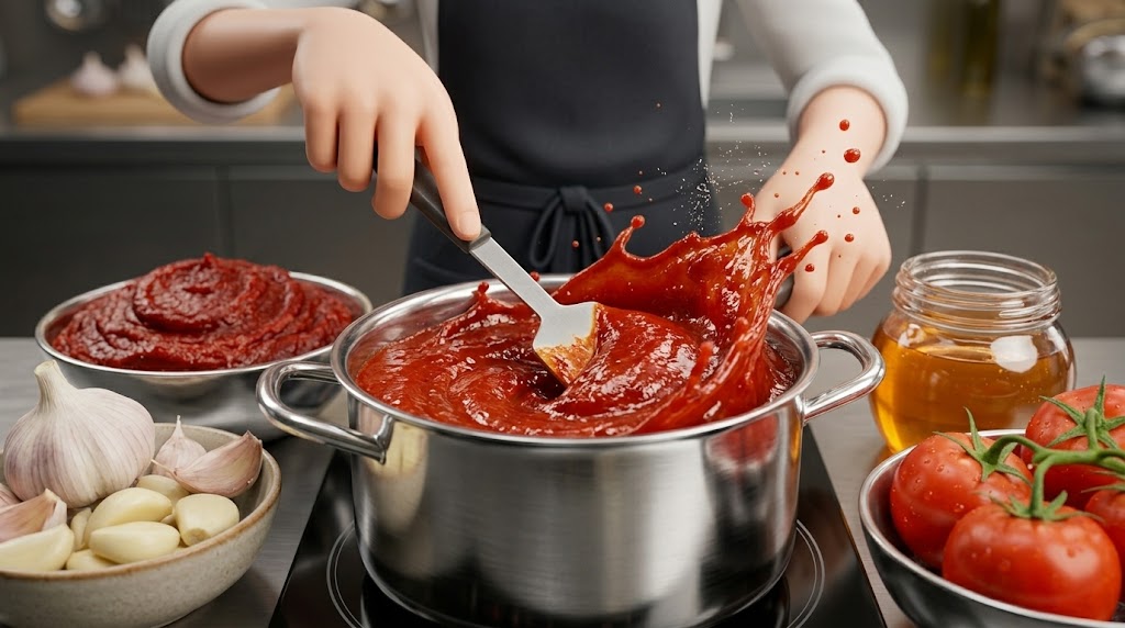 캡션/Alt: 주방에서 신선한 마늘과 고추장으로 소스를 만드는 과정 (The process of making sauce with fresh garlic and Gochujang in the kitchen)

