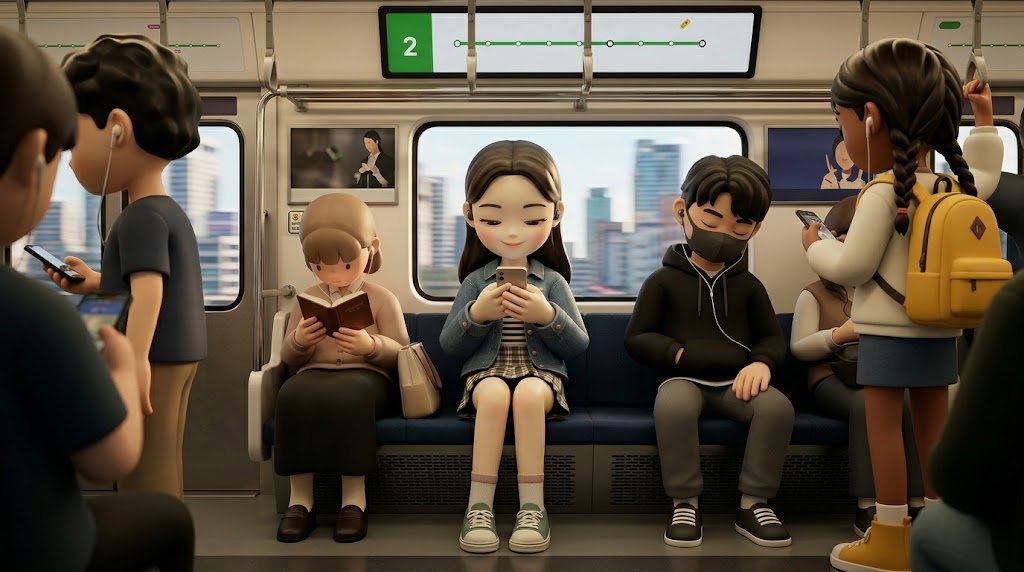 이어폰을 착용하고 조용히 스마트폰을 보며 주변 사람들을 배려하는 캐릭터. A character wearing earphones and quietly looking at a smartphone, showing consideration for others.
