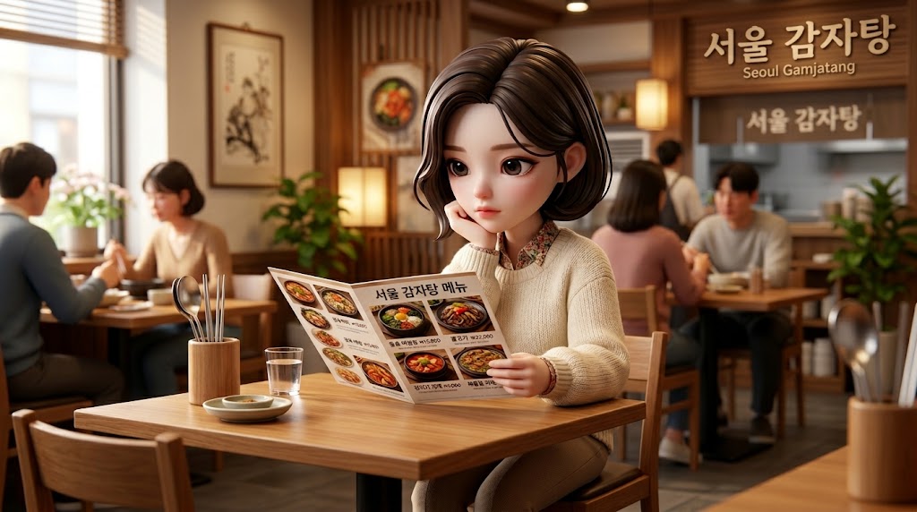 메뉴판을 신중하게 읽으며 감자탕과 뼈해장국 사이에서 고민하는 세련된 스타일의 피규어 캐릭터. A trendy character carefully reading a menu and debating between a large pot of stew and a single-serving bowl at a clean, modern Korean restaurant.
