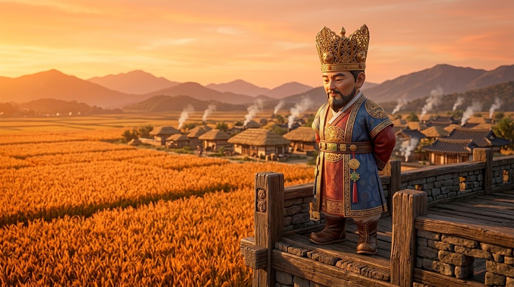 고조선의 도읍 아사달에서 백성들을 다스리는 위엄 있는 단군왕검 / Dangun Wanggeom ruling the people in the capital city, Asadal.