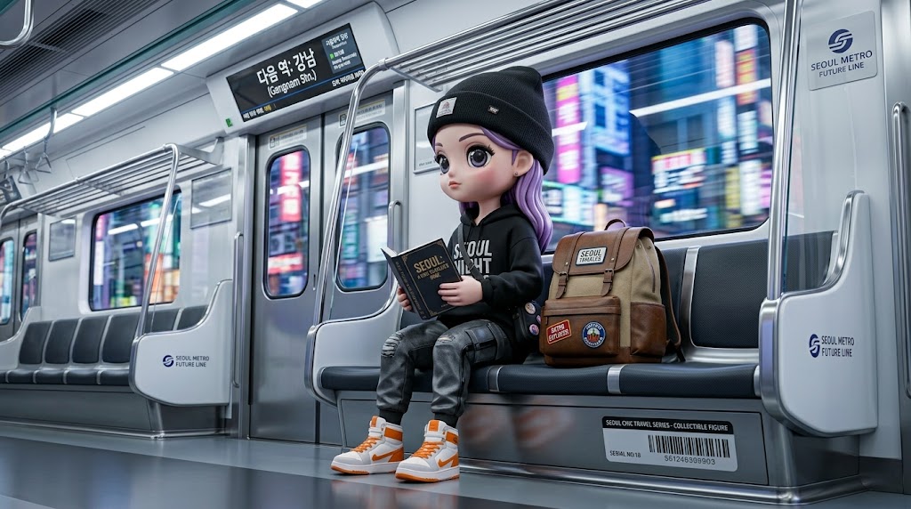 깨끗하고 현대적인 한국 지하철 안에서 스마트폰을 보며 편안하게 앉아 있는 캐릭터 (A character sitting comfortably in a clean and modern Korean subway, looking at a smartphone)