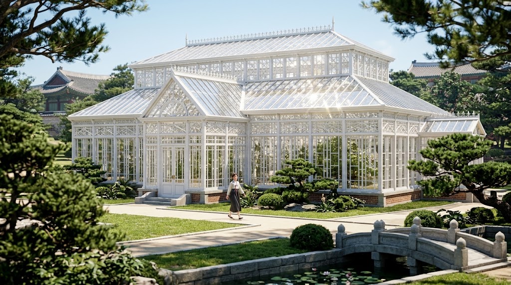 An elegant white Western-style glass greenhouse surrounded by a traditional Korean garden