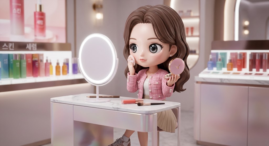 한국식 자연스러운 메이크업을 시각화한, 거울 앞에서 쿠션 팩트를 톡톡 두드리는 3D 수집용 캐릭터 이미지. (A 3D collectible character image visualizing natural Korean-style makeup, in front of a mirror tapping a cushion compact.)