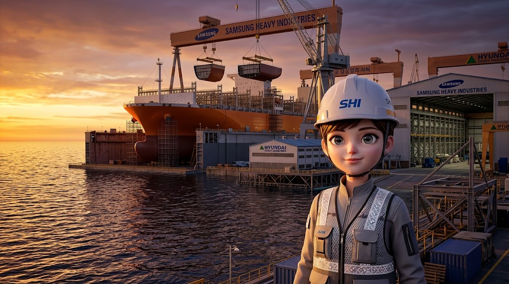 거대한 배와 바다를 배경으로 안전모를 쓴 세련된 3D 캐릭터의 모습