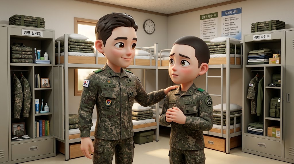 현대적인 침대형 생활관 내부에서 상급자 캐릭터가 하급자 캐릭터의 칼같이 다려진 군복 깃을 바로잡아주는 훈훈한 분위기의 고해상도 3D 이미지