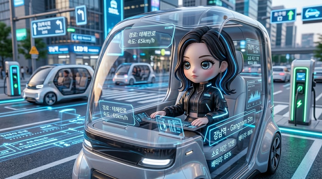dynamic character with expressive eyes sitting inside a transparent autonomous pod vehicle, looking out at a futuristic cityscape with holographic data streams on the road, illustrative style