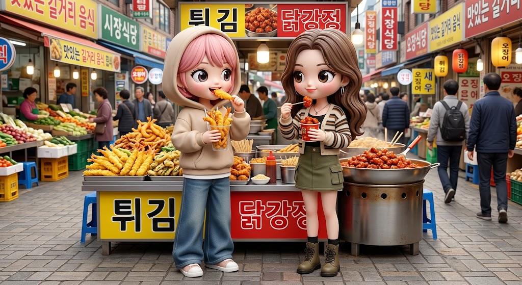  한국의 낮 시간대, 활기찬 시장을 배경으로 세련된 인형 형태의 캐릭터들이 바삭한 튀김과 닭강정 컵을 들고 있는 모습