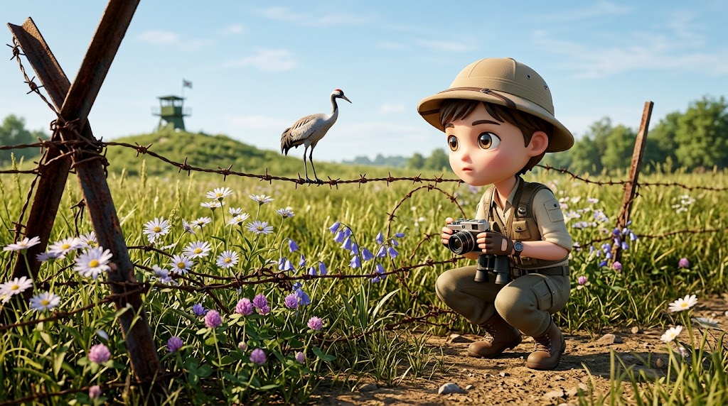 철조망 사이로 핀 들꽃과 멀리 보이는 초소를 바라보는 망원경. [English: Wildflowers blooming between barbed wires and a telescope looking at a distant guard post.]
