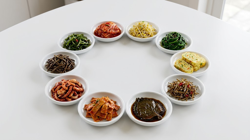깨끗한 흰색 테이블 위에 10개의 작은 흰색 세라믹 접시들이 완벽한 원형으로 배치됨. 각 접시에는 김치, 콩나물무침, 시금치나물, 계란말이, 멸치볶음 등이 극사실적으로 묘사되어 있음