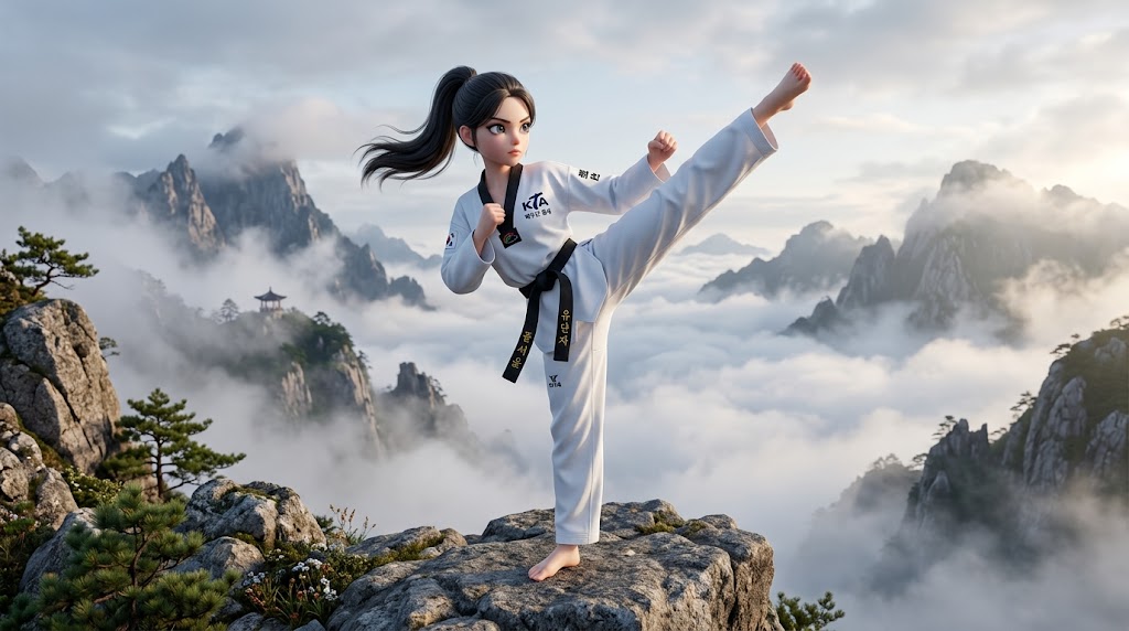 웅장한 한국의 산 정상, 구름이 발아래 깔린 배경. 흰 도복을 입은 인물이 완벽한 균형으로 한 발을 들고 품새 동작을 취하는 모습