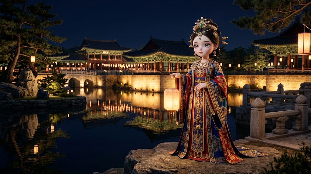 아름다운 전통 연등을 들고 경주 첨성대 앞에 서 있는 캐릭터