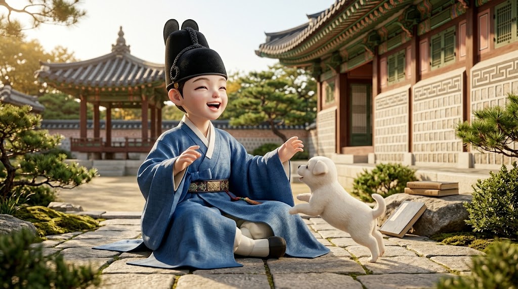 조선 시대 궁궐에서 아이와 강아지가 함께 있는 모습을 상징적으로 표현한 일러스트