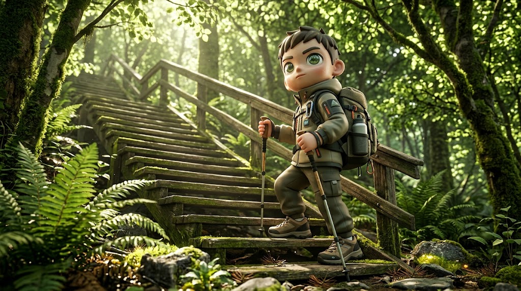 청계산의 끝없는 나무 계단을 씩씩하게 오르는 등산객. (Hiker bravely climbing the endless wooden stairs of Cheonggyesan. KOR/ENG)