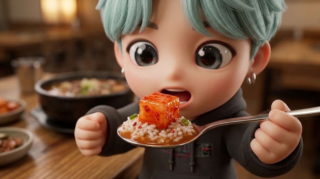 숟가락에 국밥과 깍두기를 얹어 크게 한 입 먹으려는 캐릭터 / A trendy 3D collectible character holding a spoon with a bite of Gukbap topped with red Kkakdugi.
