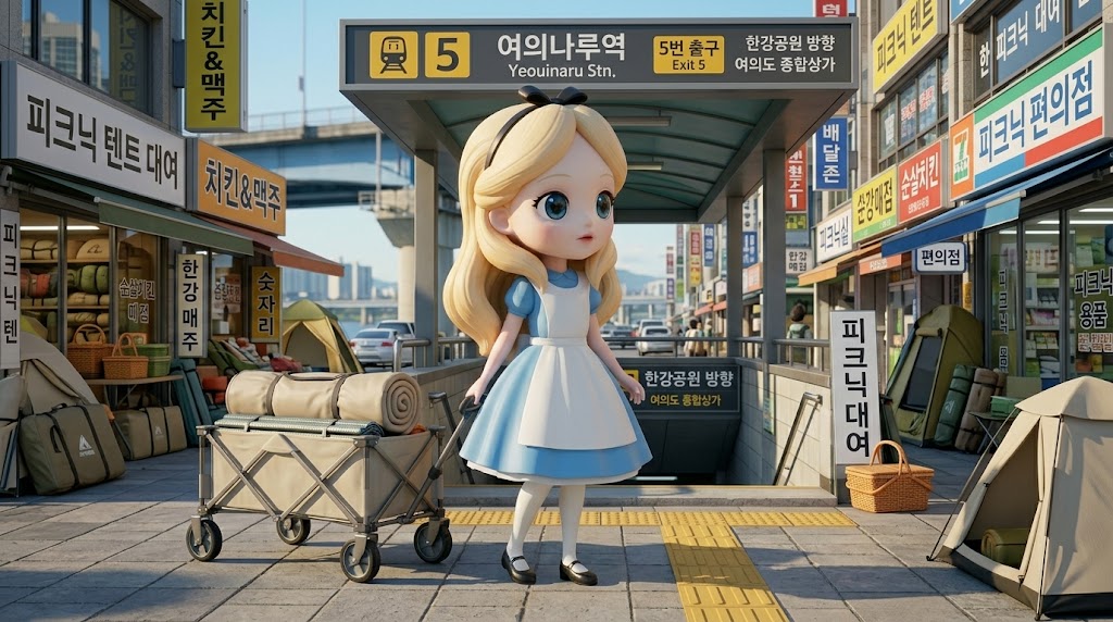 다양한 피크닉 소품이 진열된 렌탈 샵 앞에서 웨건을 끌고 있는 캐릭터