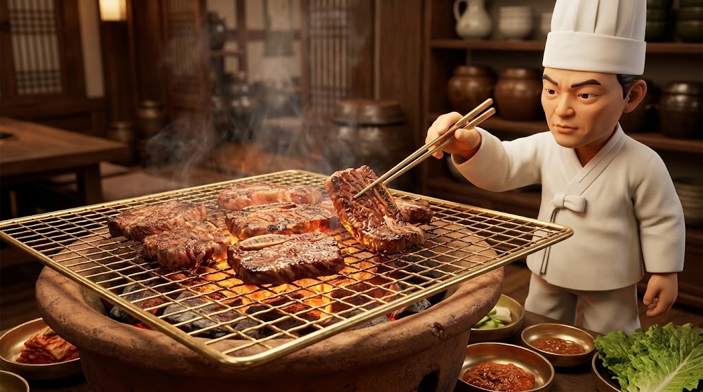 석쇠 위에서 지글지글 익어가는 전통 고기 요리 맥적 (Traditional meat dish 'Maekjeok' sizzling on a charcoal grill)
