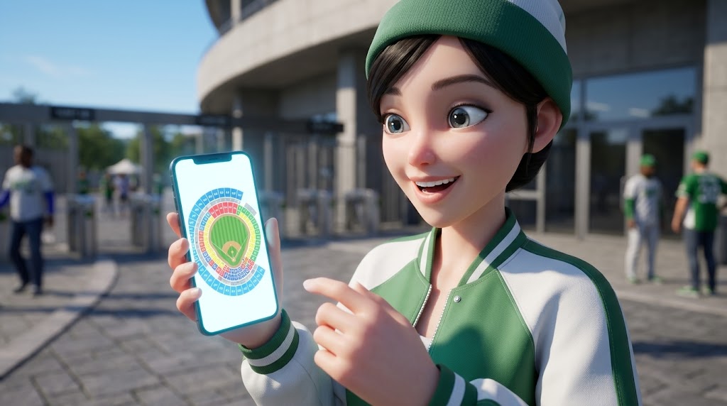 Caption/Alt: 스마트폰으로 야구장 좌석 배치도를 확인하며 최적의 자리를 고르는 관람객 (A spectator checking the stadium seat map on a smartphone to choose the best seat.)
