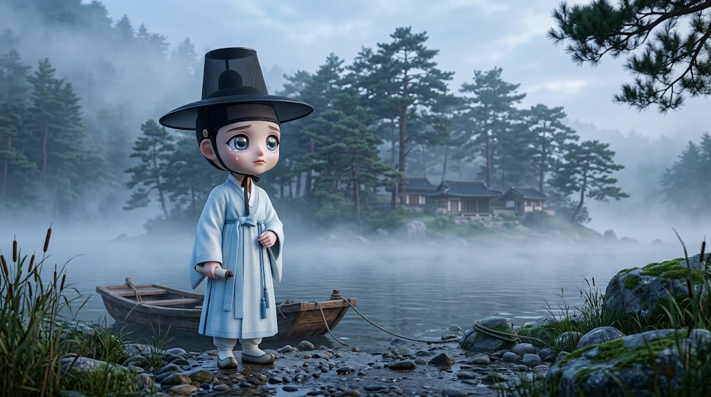 안개 낀 강가에서 소박한 한복을 입고 먼 곳을 바라보는 슬픈 표정의 소년 캐릭터 (A sad boy character in simple Hanbok looking far away by a foggy river.)