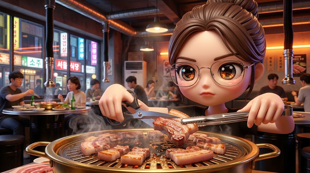 가위를 사용해 노릇하게 익은 삼겹살을 자르는 역동적인 모습 / Using kitchen shears to cut perfectly grilled pork belly on the sizzling plate