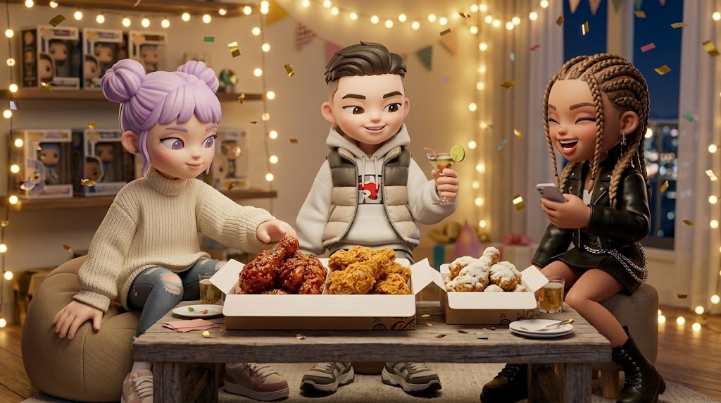  다양한 브랜드의 치킨 박스가 가득한 파티 현장 (A party scene filled with chicken boxes from various brands)