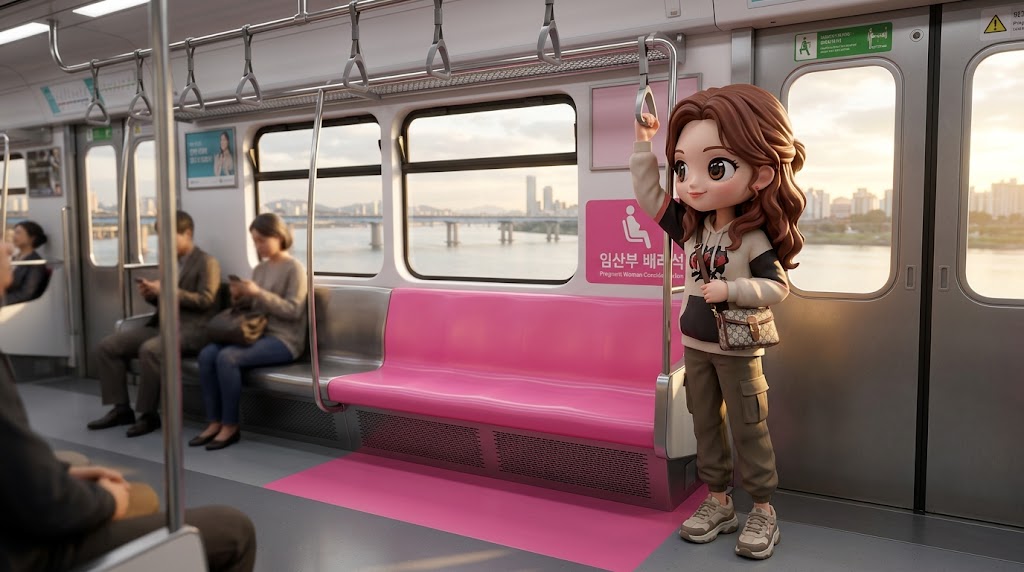 핑크색 임산부 배려석을 비워두고 그 옆에 서서 이동하는 매너 있는 캐릭터. A polite character standing next to an empty pink priority seat for pregnant women.

