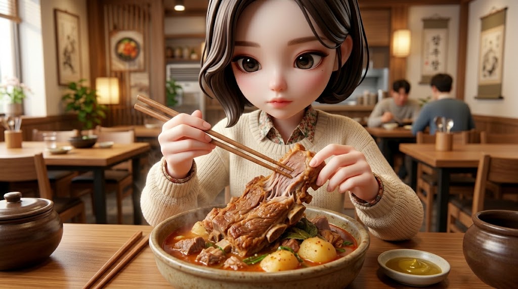 젓가락과 집게를 이용해 뼈에서 부드러운 고기를 능숙하게 발라내고 있는 캐릭터의 근접 샷. A close-up of a character skillfully using chopsticks and tongs to separate tender meat from a large pork bone over a plate.