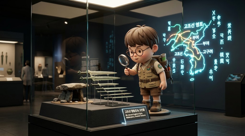박물관 전시관에서 비파형 동검과 고인돌 모형을 살펴보는 탐험가 / An explorer looking at a bronze dagger and dolmen model in a museum