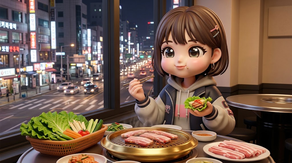 상추와 깻잎 위에 정성스럽게 올린 삼겹살 쌈 / A perfectly prepared 'Ssam' with pork belly, garlic, and ssamjang on a lettuce leaf.