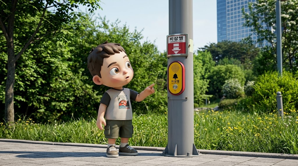 캐릭터가 공원에 설치된 비상 호출 벨을 신기한 듯 바라보고 있는 모습 (A character looking curiously at an emergency call bell installed in a park)
