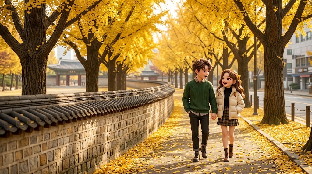 A beautiful curved stone wall with traditional tiles on top, lined with colorful autumn trees
