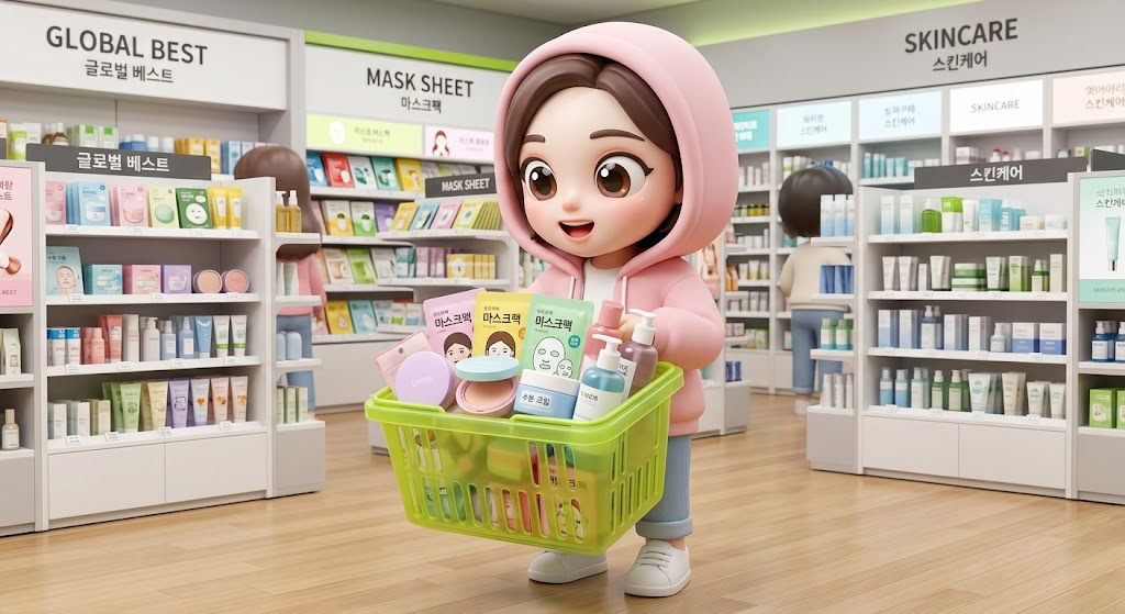 한국 K-뷰티 쇼핑의 메카를 시각화한, 수많은 화장품에 둘러싸인 올리브영 매장 안의 3D 수집용 캐릭터 이미지. (A 3D collectible character image within an Olive Young store surrounded by numerous cosmetics, visualizing the mecca of Korean K-Beauty shopping.)