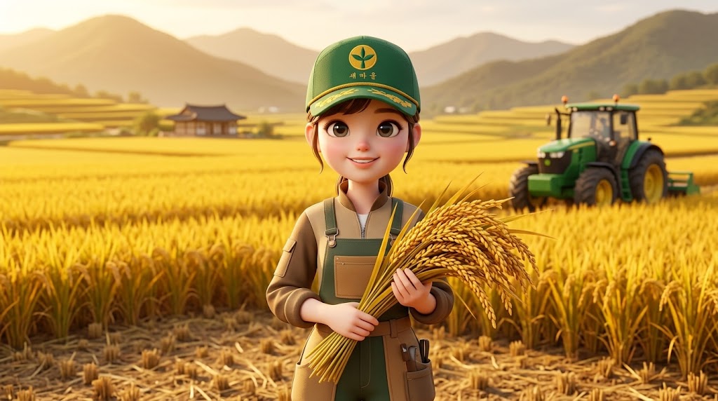 풍요로운 한국의 농촌 풍경과 트렌디한 농부 스타일의 3D 캐릭터.