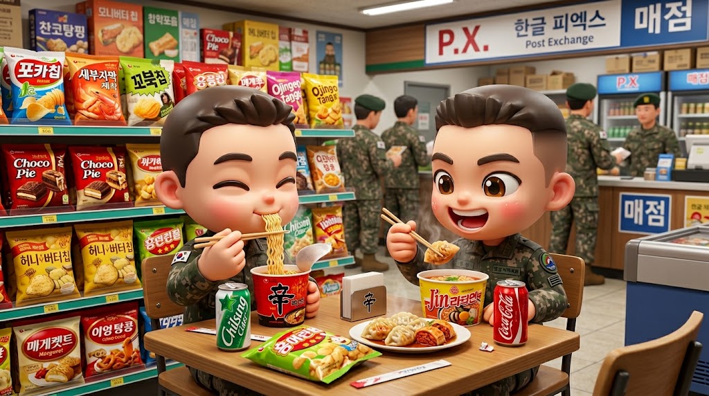 다양한 과자와 음료수가 진열된 매점 배경에서 군인 캐릭터들이 테이블에 앉아 김이 모락모락 나는 냉동 음식과 컵라면을 먹으며 즐겁게 대화하는 고해상도 3D 이미지
