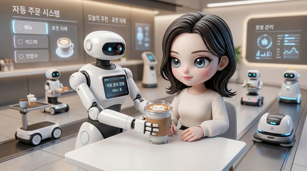 character with detailed face sitting at a modern cafe table, being served a stylized coffee by a two-armed robot, with blurred background and dynamic lighting, illustrative style
